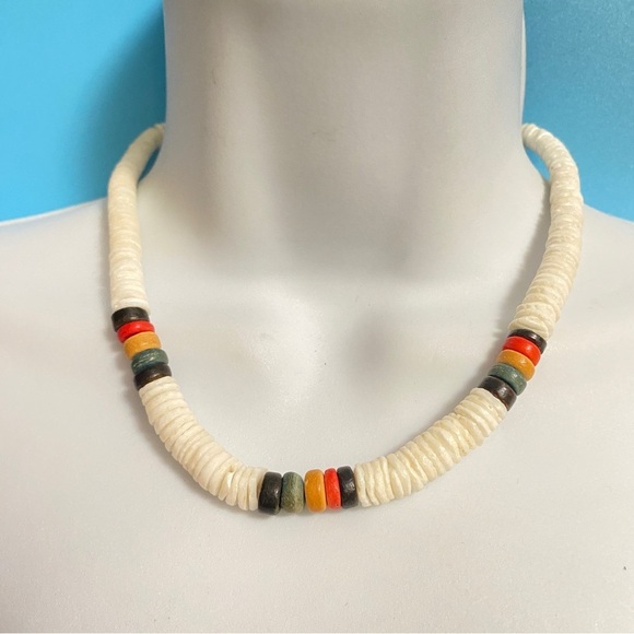 Puka Shell Necklace With Colored Clay Focal Beads - Picture 2 of 7